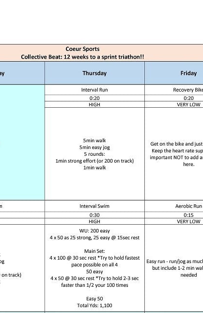 Coeur Sports Women's 12 week Sprint Distance Triathlon Training Plan
